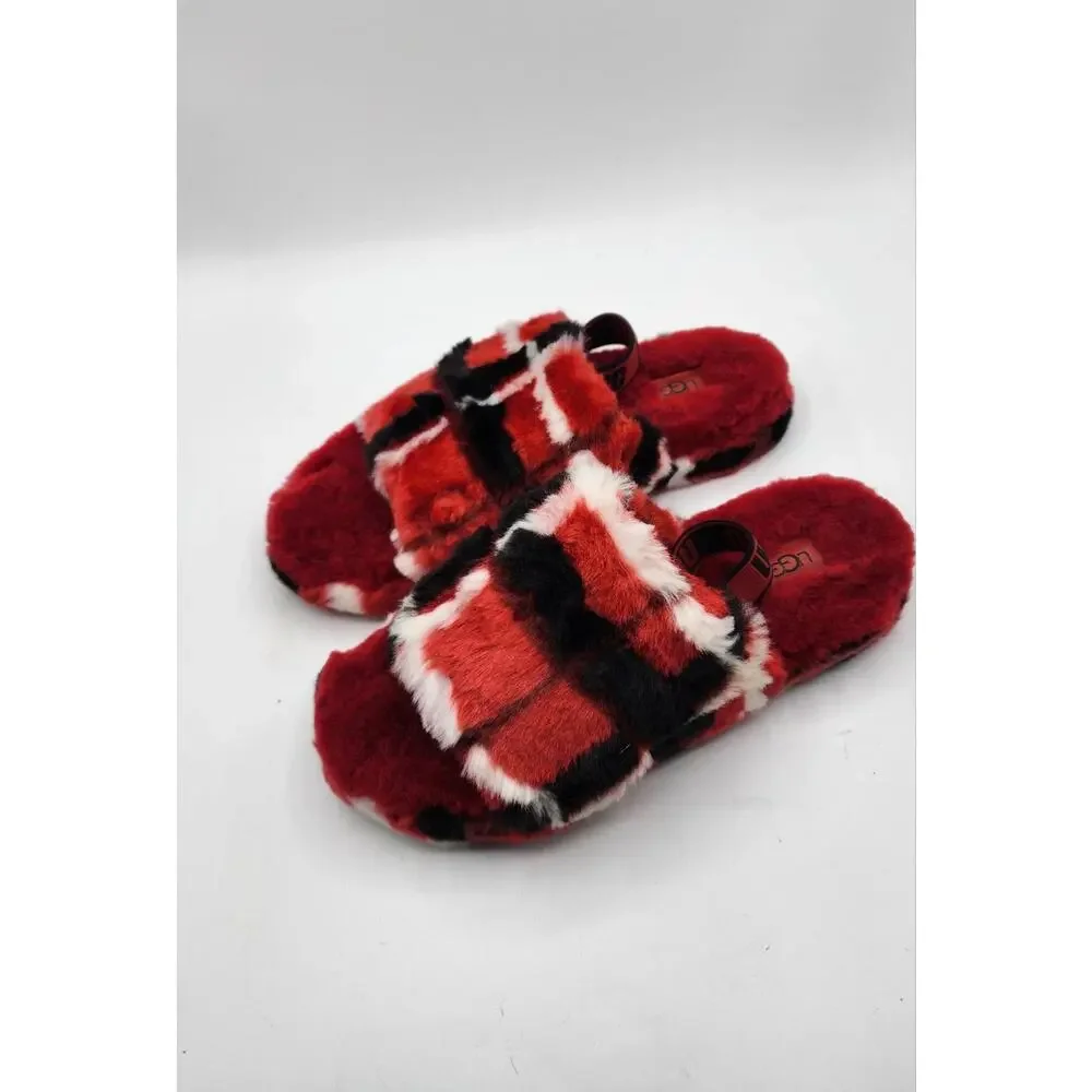 UGG Fluff Yeah Slide Slippers Plaid Punk Red Black White 1131630K Sz 6 Youth